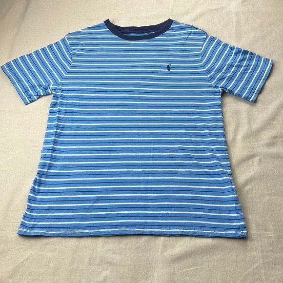 Polo Ralph Lauren Shirt Boys Large 14-16 Blue Stripe Short Sleeve Crewneck Shirt - Picture 2 of 9